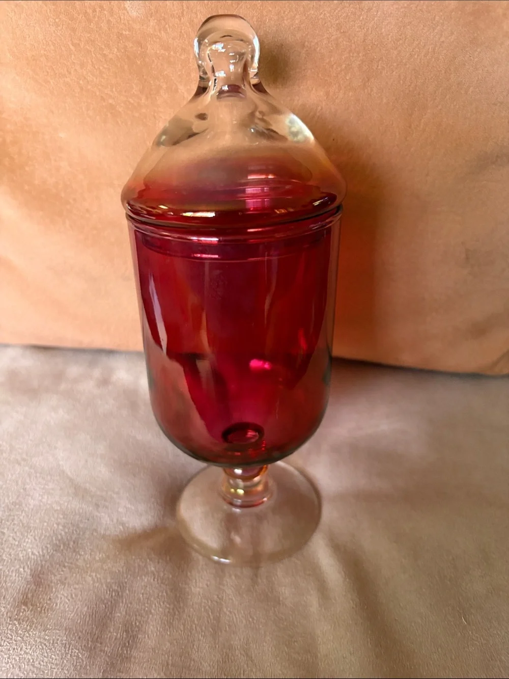 Cranberry Glass Apothecary Jar with Clear Lid - Decorative Home Accent